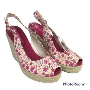 Bandolino Floral Fabric Buckle Slingback Peep Toe Espadrille Wedge Sandal 8.5M
